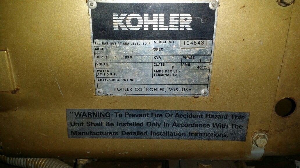 Rv Generator by Kohler 4500 watts.