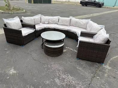 New Assembled 9-Pieces Outdoor Half-Moon Patio Sofa Set, Wicker Patio Furniture Round Table Sofa Set