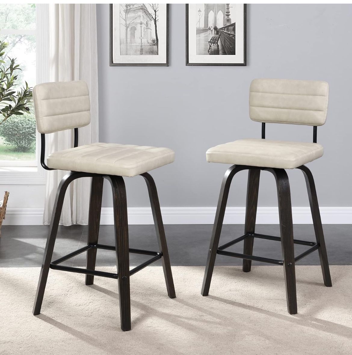 Swivel Bar Stools Set of 2, Counter Height, Wooden Frame, PU Leather Cushions, Beige