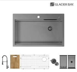 33 in Drop-In Single Bowl 18-Gauge Gunmetal Stainless Steel Workstation Kitchen Sink w/ Waterfall and Spring Neck Faucet