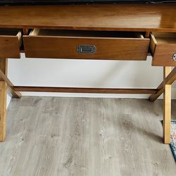 Campaign Style Wood Desk - 3 Drawers, X-Base Legs, Walnut Finish