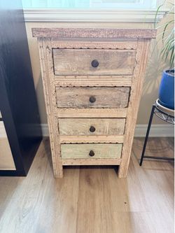 Hand carved reclaimed wood 4-drawer accent chest / nightstand / boho cabinet