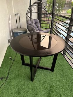 Modern Black Wood Dining Table w/ Removable Tempered Glass Center – 42"