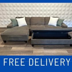 (FREE DELIVERY!) (LIKE NEW) Modern Grey Family Sized Sectional with wide chaise & storage Ottoman