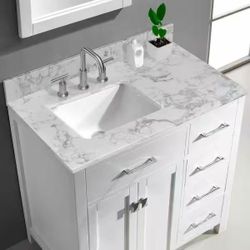 36"Marble Vanity Countertop – Carrara White – 3 Faucet Holes – Prefab – FREE Sink Included 