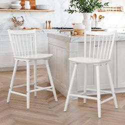 24 in. White Classic Windsor Back Contoured Seat Bar Stools Solid Wood Counter Height Barstools(Set of4)