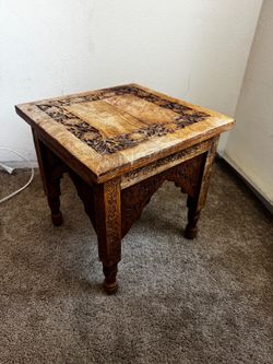 Boho- Carved Wooden Side Table