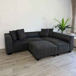 Modern Dark-Grey Sectional Sofa Couch With Ottoman