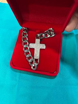 Rhinestone-encrusted asymmetric cross pendant Cuban link necklace / S. Steele