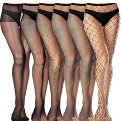 6 Pairs Rhinestone Fishnets Glitter Faux Diamond Fishnet Stockings Hollow out Thigh Fishnet Rhinestone Stockings Net Pantyhose Stockings for Girls Wom