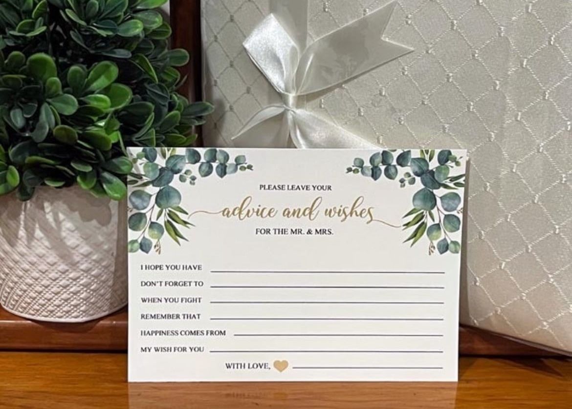 50 WEDDING BRIDAL SHOWER advice and wishes cards eucalyptus leaves greenery