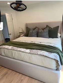 Beige- King - Upholstered Platform Bed Frame