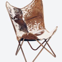 Genuine Goat Leather Butterfly Arm Chair with Black/Brown White Hair on Cover (White and Brown with Ross Gold)