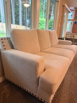 Off-White Fabric Sofa with Nailhead Trim