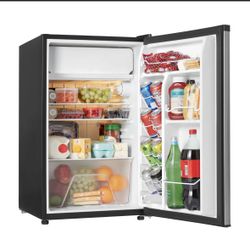 Galanz 4.3 Cu ft Single Door Mini Fridge, Stainless Steel Look, New, Width 19.12"