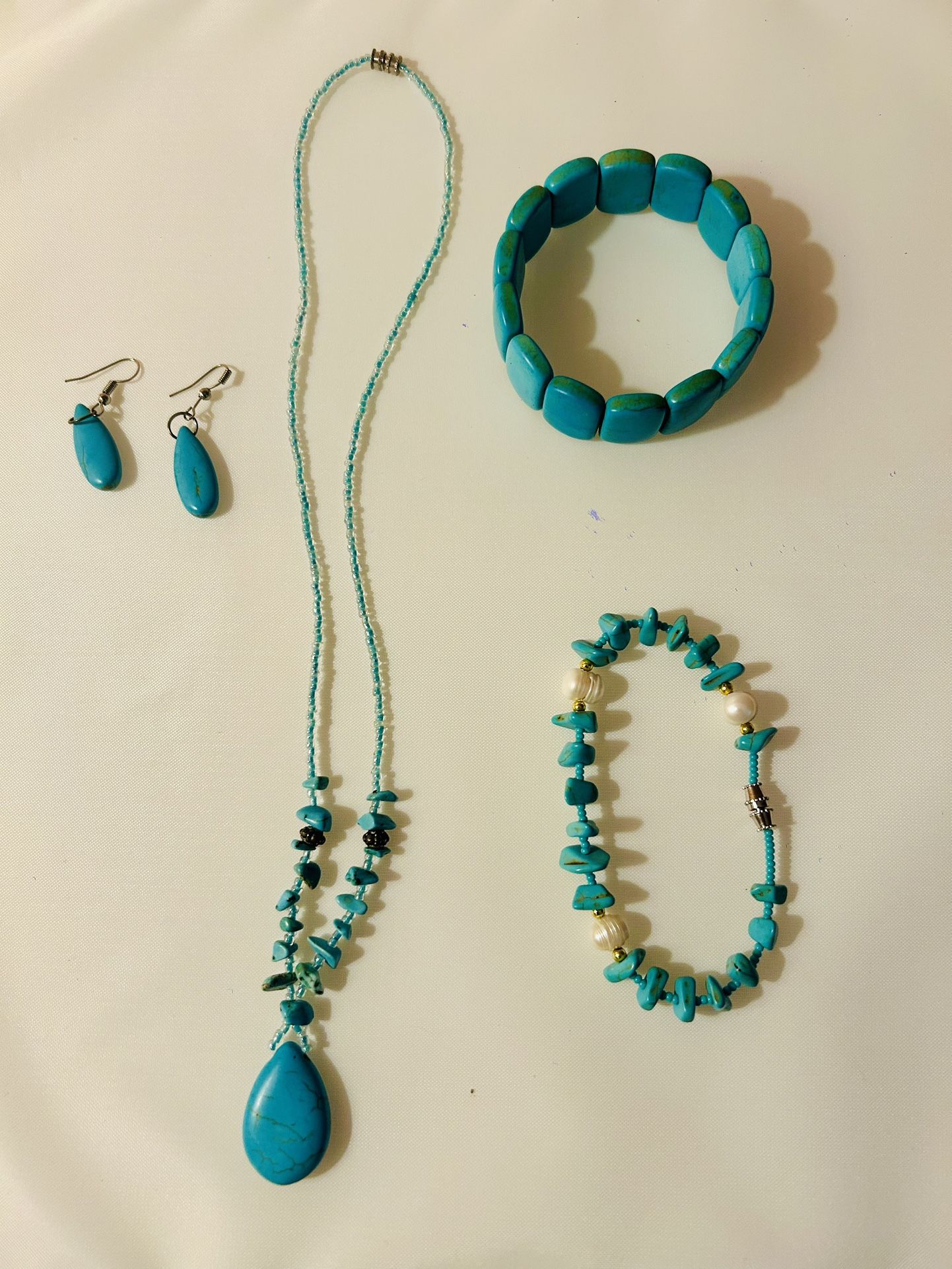 Handmade Necklace, Earring, and 2 Bracelet Set – Turquoise Tones