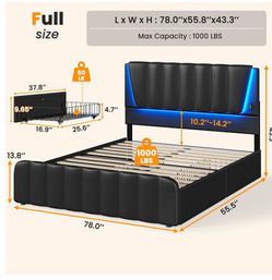 AOGLLATI Full Size Bed Frame with Headboard, 4 Storage Drawers, LED Lights, USB Ports, Wooden Slats Support, No Box Spring Needed