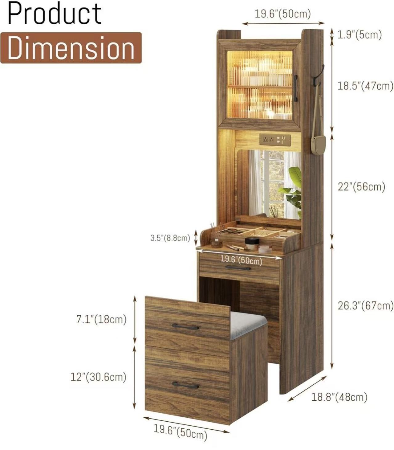 🥨70" H Vanity Desk with Mirror and Lights, Vanity Set with Hidden Stool, Drawers, Power Outlet, Makeup Dressing Table for Small Spaces, Brown
