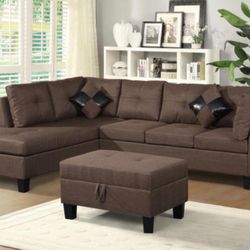 Brown Fabric Living Room Sectional With Ottoman - Delivery And Financing Available 