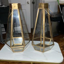 Indoor Outdoor Decorative Metal Faceted Hurricane Candle Lanterns w/ Clear Glass - Brass