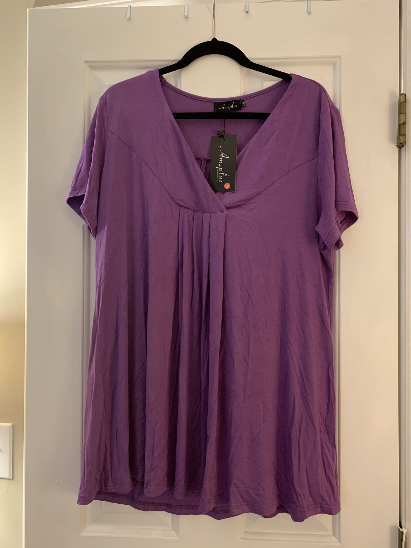 Women's Plus Size V-Neck Pleated Henley Tops Flowy Loose Blouse Casual Tunic T Shirt