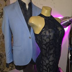 Couple Outfit Tight Navy Lace Dress& Sky Blue Blazer!!