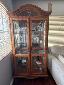 Oak Wood Curio Display Cabinet with Glass Doors