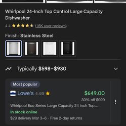 Whirlpool 24-Inch Top Control Large Capacity Dishwasher