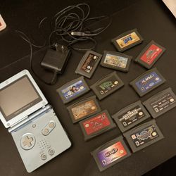 Nintendo Game Boy Advance SP Light Blue Console w/ Charger, Case & Games