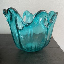 Stunning Aqua Murano Art Glass Splash Bowl Hand Blown   Italy 1990s