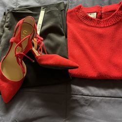 There Is Three Pieces A Skirt Size 12  Color Is Black And The Top In Size Medium The Color Is Red And A Pair Of Shoes In Size 7 All For $50 Total