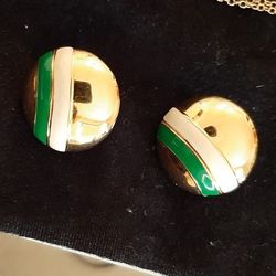 Vintage Monet Gold-tone , Green and White earrings