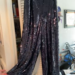New J Crew Navy Blue Sequin Slacks With A Satin Belt Size Large