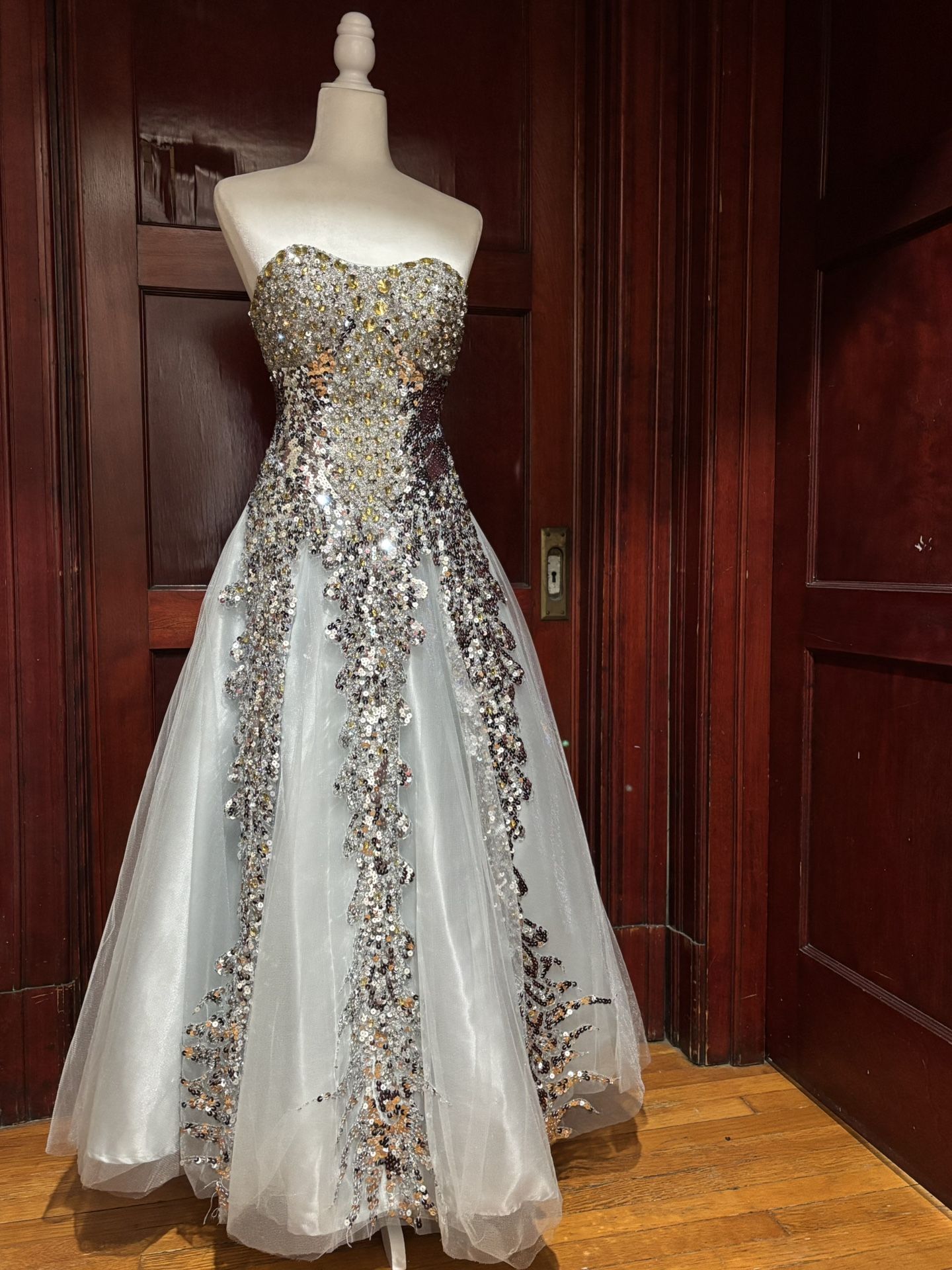 JOVANI Bead & Sequin Gown - Silver, Gold, Sky blue
