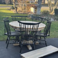 7pc authentic farmhouse dining set 48” round table. leaf 5 black chairs ethan allen 