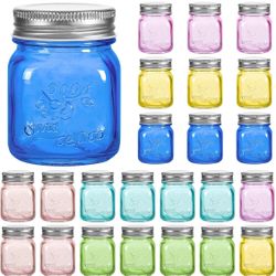 Amzcku Mini Colored Mason Jars 5 oz with Metal Lids - Glass jar for Jam, Honey, Candle, Canning, Wedding Favors, Shower Favors, Food Storage, Jelly, D