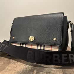 Burberry Note Crossbody Black Leather with Vintage Check Canvas