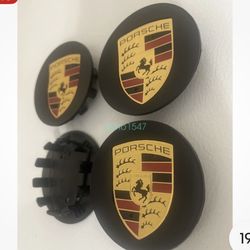 4pc Porsche Center Caps 76MM Gloss Black Gold 911 MACAN CAYENNE PANAMERA Concave