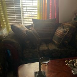 Sofa Coach End Table Coffee Table Lamp curtains, fireplace, pictures