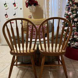 2 Vintage 1970’s Windsor Chairs w/ attached Padded Cushions - Heavy Solid Oak