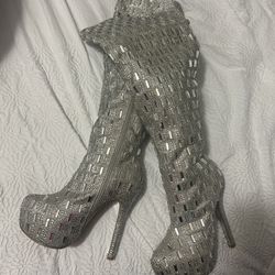 Silver High Heel Rhinestone Boots 