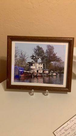 Vintage Framed Watercolor Print, “Tugboat on Water” signed