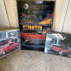 Three Framed Old Car Pictures