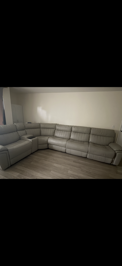 Gray Leather Power Reclining Sectional Sofa with Console