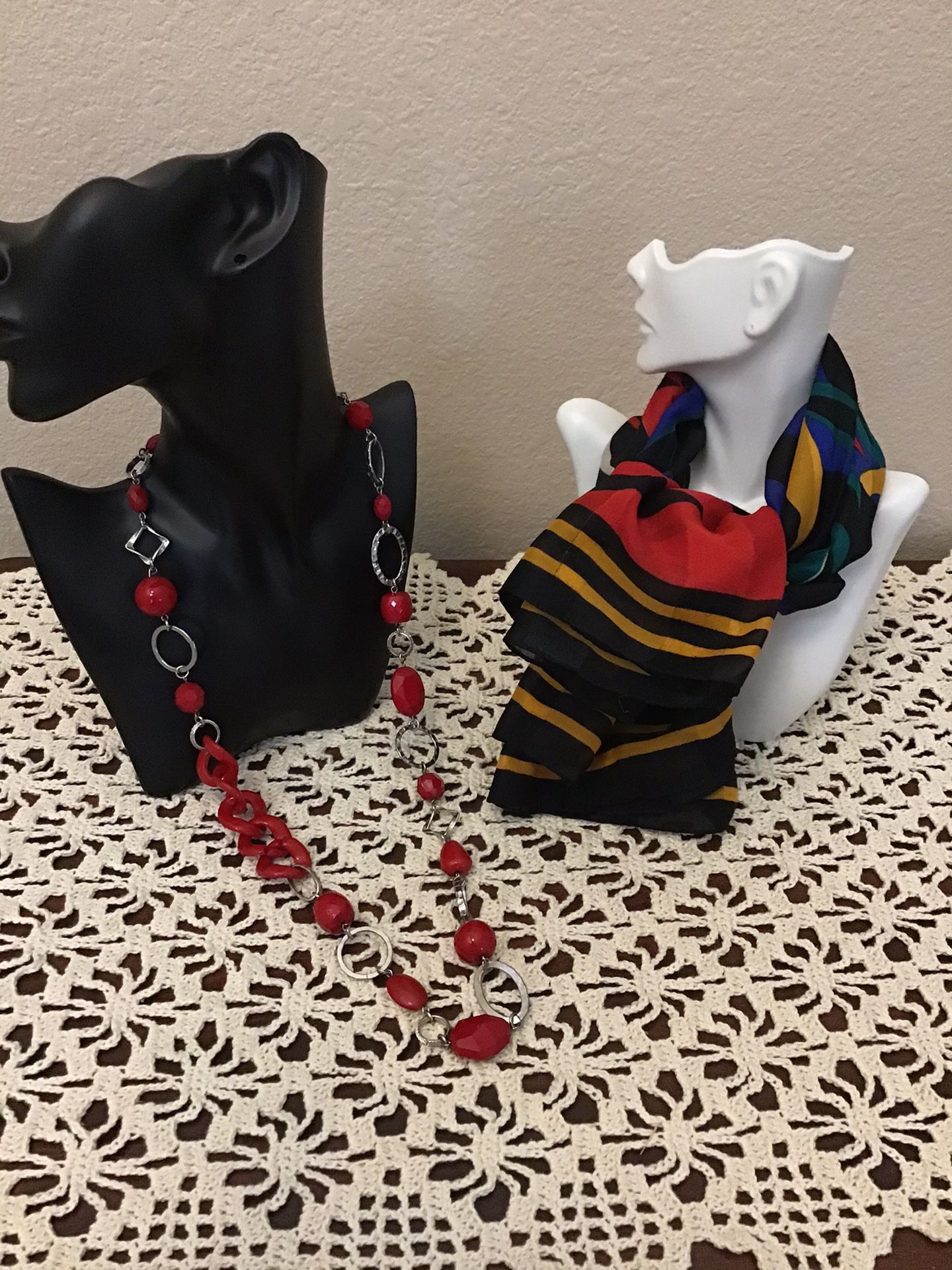 NWOT VCLM Long Necklace with Red Beads, Silver Chain and Even Plastic Red Chain Lik Section & GUC Scarf. Lot.