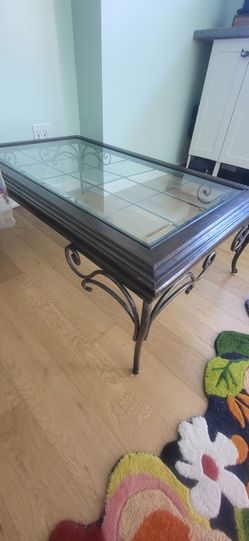 Coffee table wood metal glass