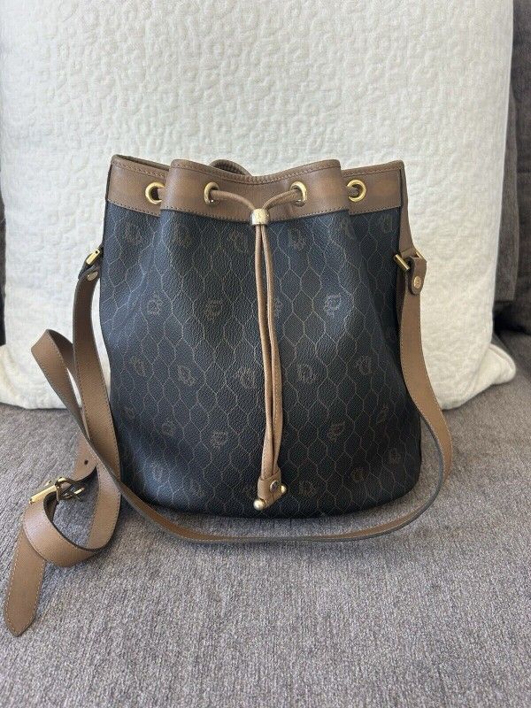 Christian Dior Leather Bucket Shoulder Bag Honeycomb Logo Dark Brown