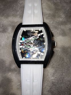 Skeleton Tonneau Analog Wristwatch Black Case White Rubber Strap Buckle