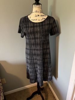 LuLaRoe Carly Swing Dress, XS, Blue/Gray/White, Polka Dots