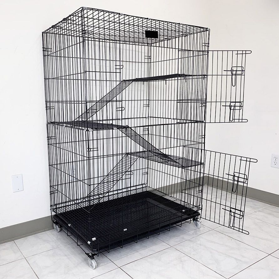 (NEW) $75 Collapsible 3 Tier Cat Cage 56 Inches Tall Metal Kennel 36x24x56” with Tray & Caster